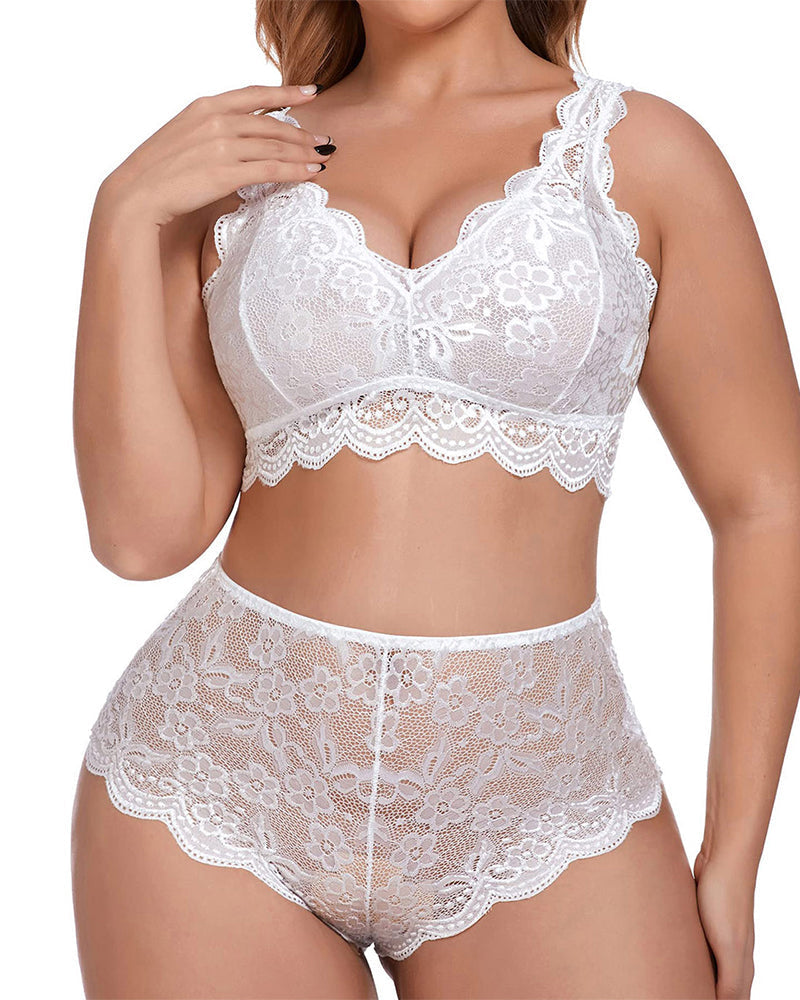 Sexy Plus Size Lace Bralette &amp; High Waist Panty Set