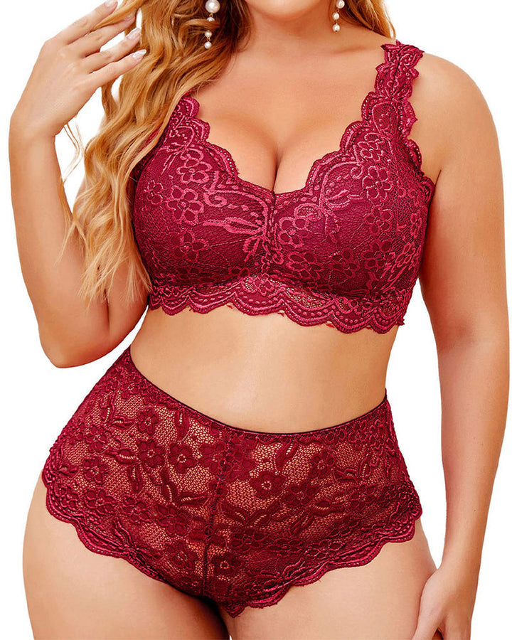 Sexy Plus Size Lace Bralette &amp; High Waist Panty Set
