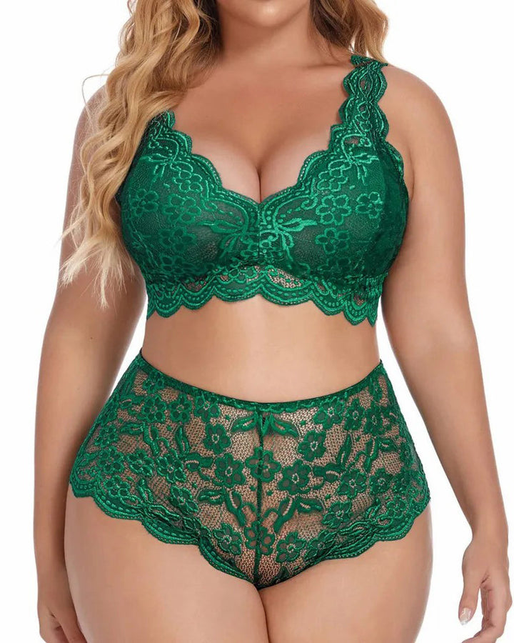 Sexy Plus Size Lace Bralette &amp; High Waist Panty Set