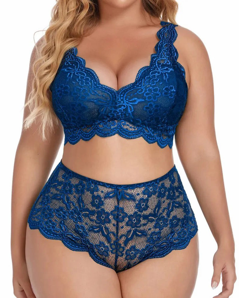 Sexy Plus Size Lace Bralette &amp; High Waist Panty Set