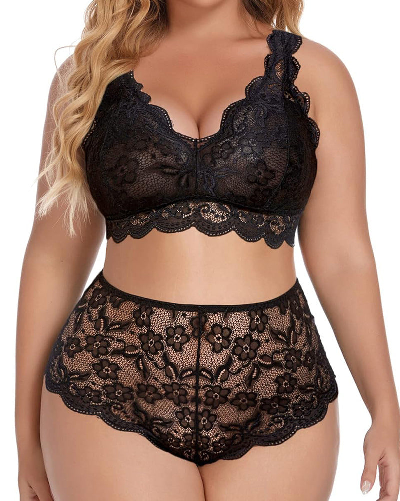 Sexy Plus Size Lace Bralette &amp; High Waist Panty Set