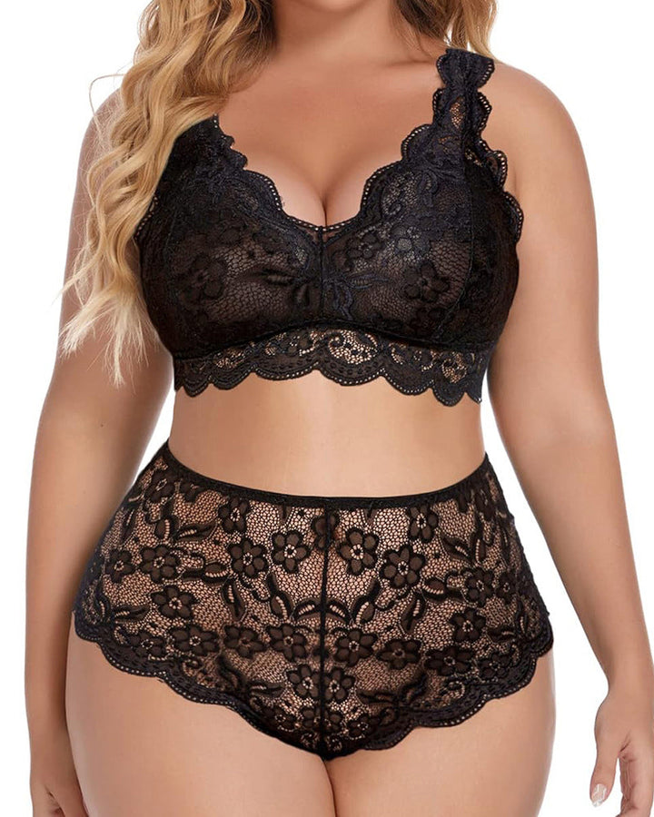 Sexy Plus Size Lace Bralette &amp; High Waist Panty Set