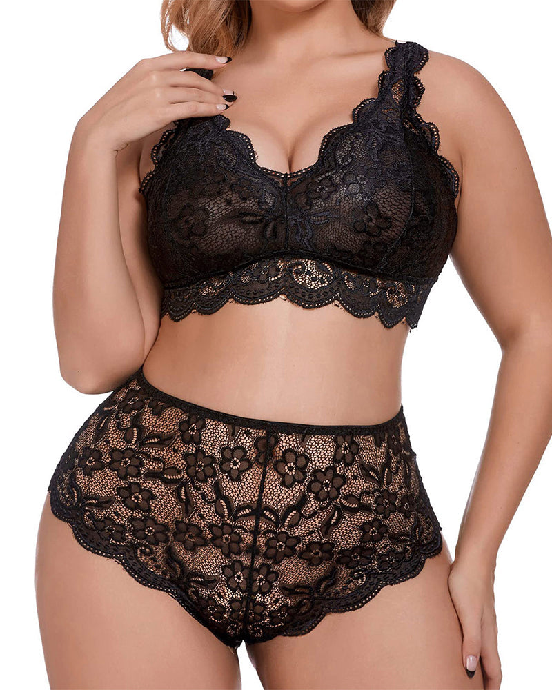 Sexy Plus Size Lace Bralette &amp; High Waist Panty Set