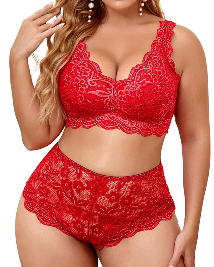 Sexy Plus Size Lace Bralette &amp; High Waist Panty Set