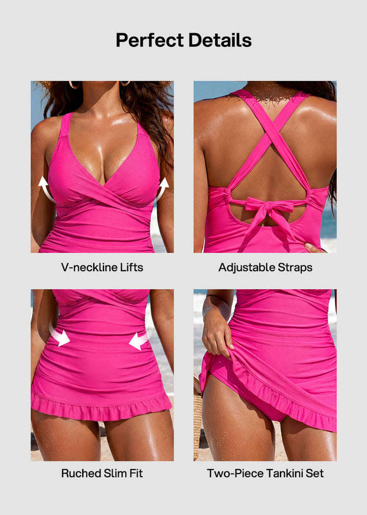 Deep V Cross-Back Ruched Two-Piece Swimsuit with Bikini Bottoms