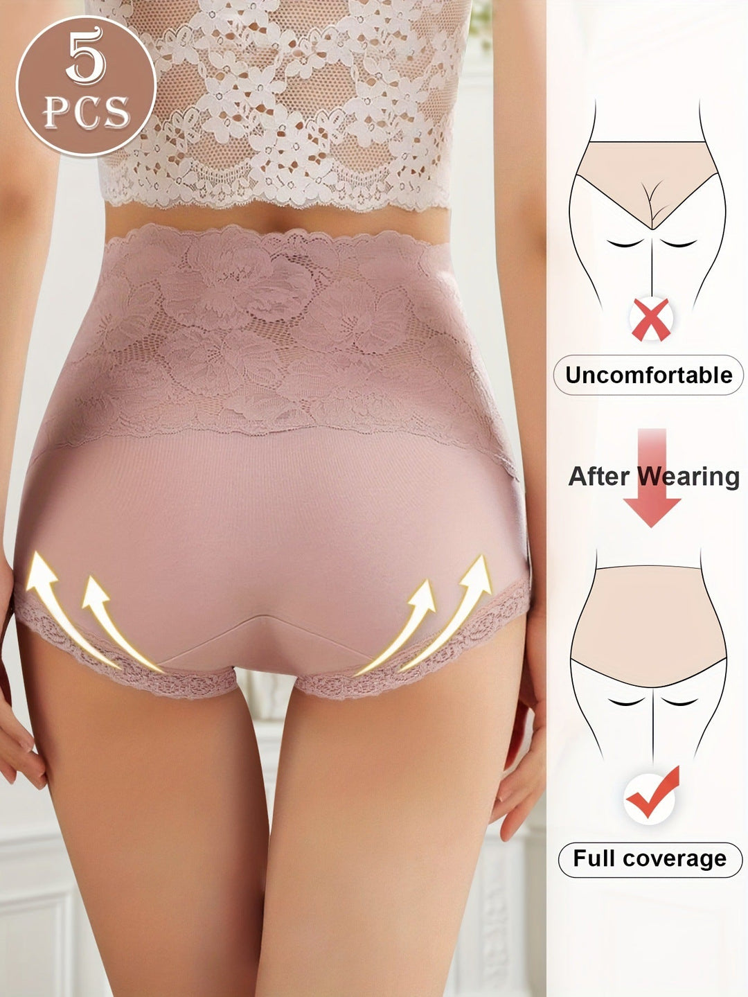 Comfy Everyday High-Waist Panties with Lace Trim, 5-Pack