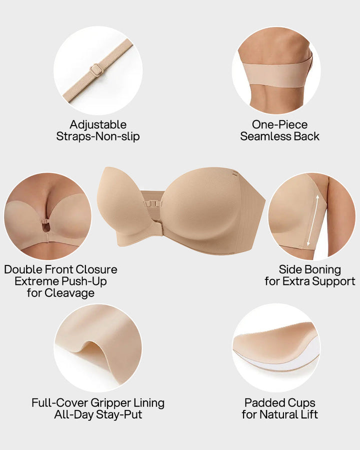 No-Slip Front Closure Push-Up Strapless Bra