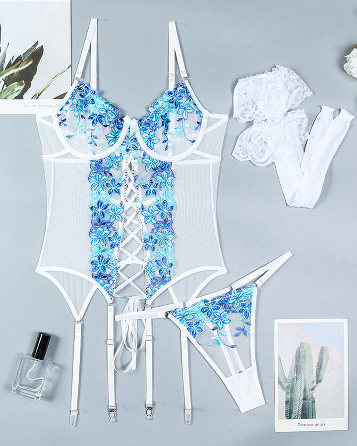 Flower Embroidered Stockings Bra Set