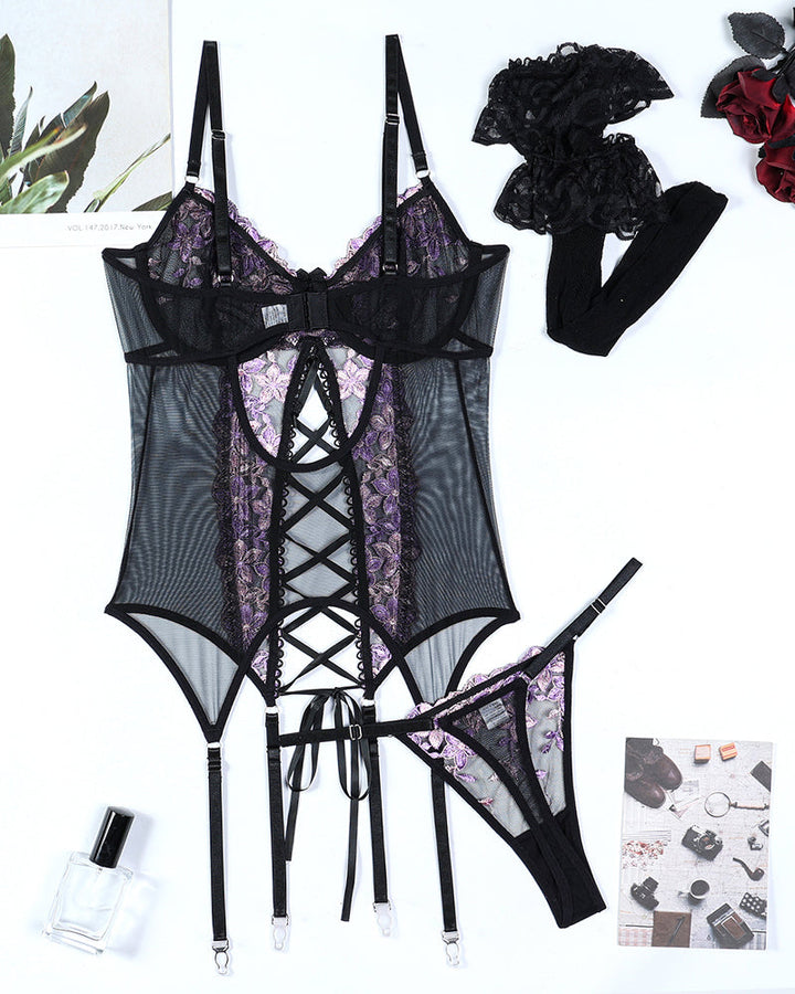 Flower Embroidered Stockings Bra Set