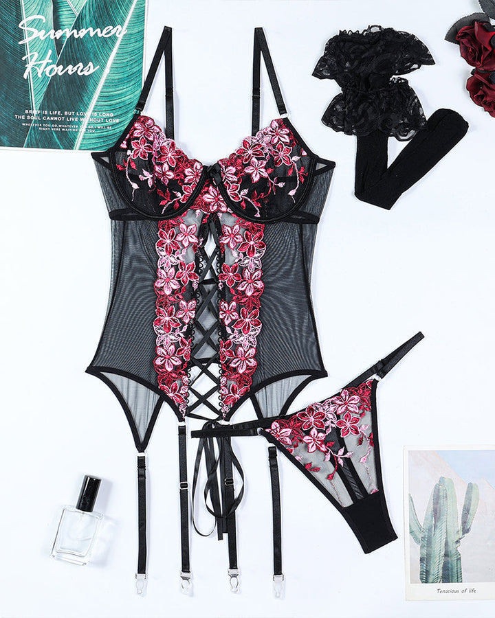 Flower Embroidered Stockings Bra Set