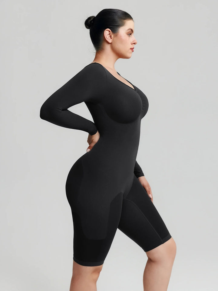 Ultra-stretch seamless shapewear top with targeted tummy control, ruched bust support, and breathable second-skin comfort, designed for versatile everyday wear from layering essential to stylish outerwear.