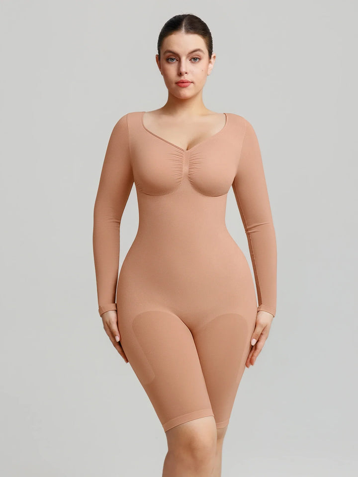 Ultra-stretch seamless shapewear top with targeted tummy control, ruched bust support, and breathable second-skin comfort, designed for versatile everyday wear from layering essential to stylish outerwear.