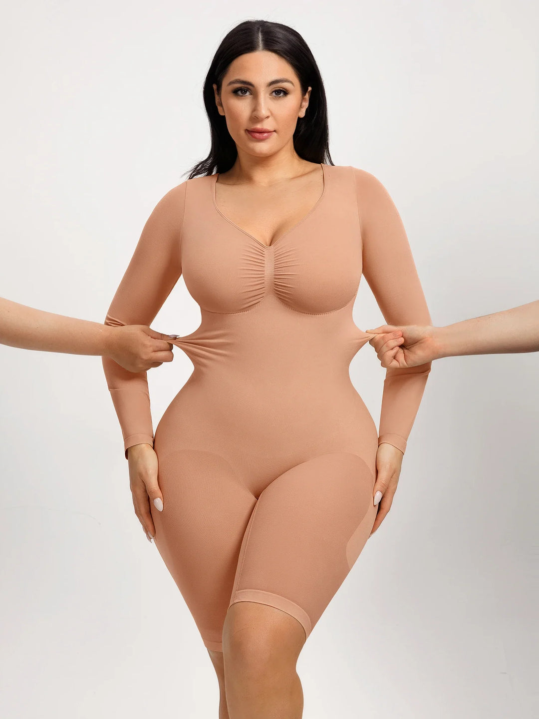 Ultra-stretch seamless shapewear top with targeted tummy control, ruched bust support, and breathable second-skin comfort, designed for versatile everyday wear from layering essential to stylish outerwear.