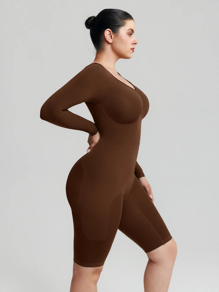Ultra-stretch seamless shapewear top with targeted tummy control, ruched bust support, and breathable second-skin comfort, designed for versatile everyday wear from layering essential to stylish outerwear.