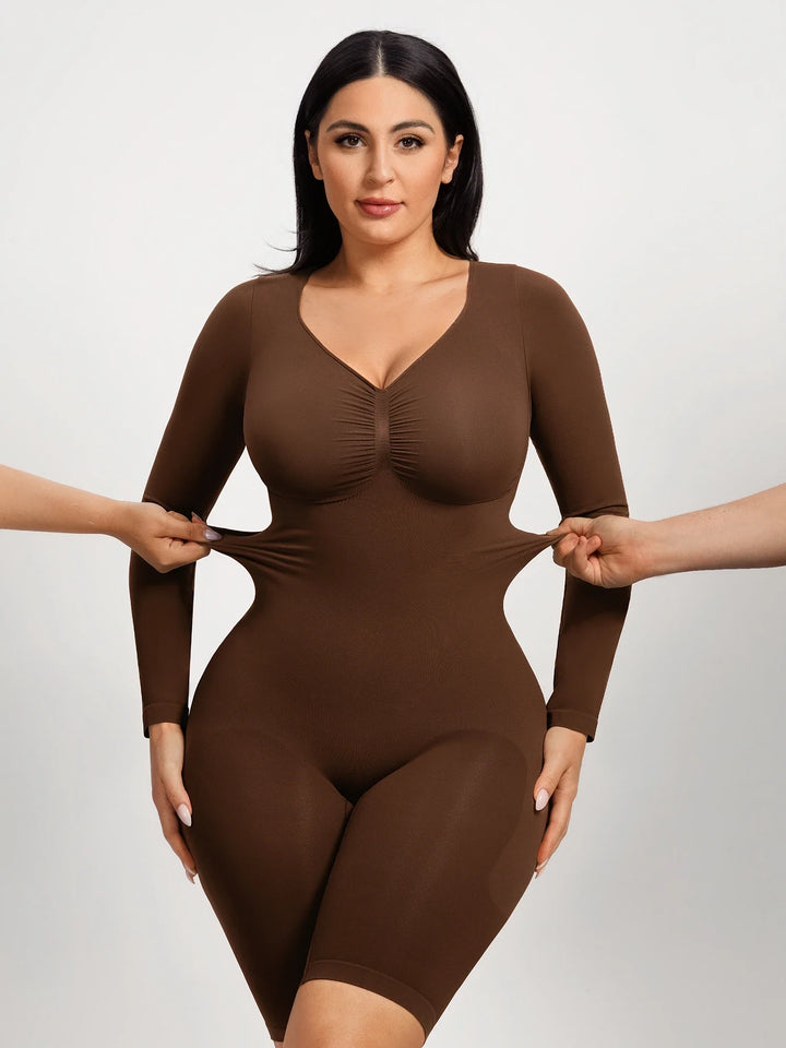 Ultra-stretch seamless shapewear top with targeted tummy control, ruched bust support, and breathable second-skin comfort, designed for versatile everyday wear from layering essential to stylish outerwear.