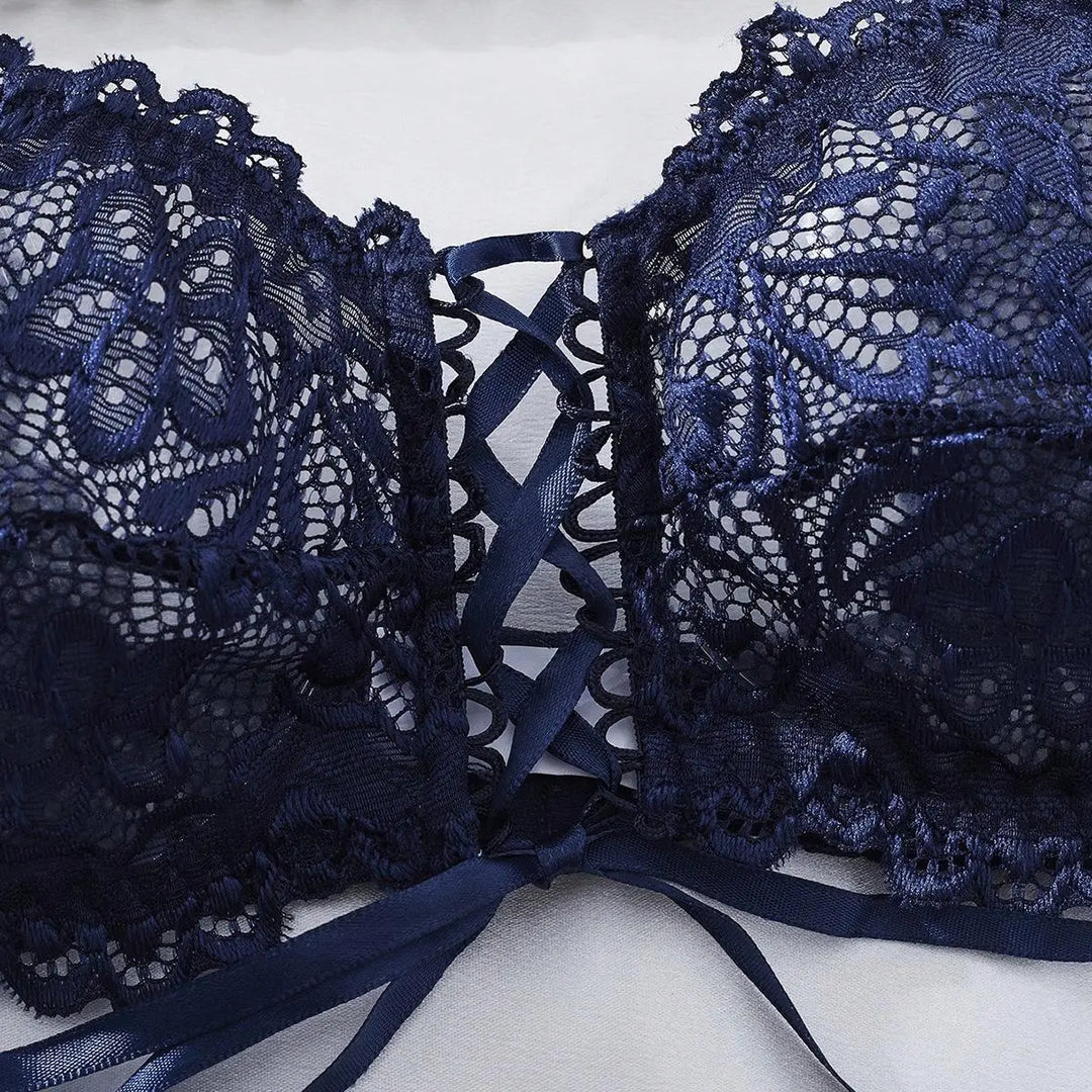 Women Lingerie Sapphire Lace 4-Piece Lingerie Set | Elegant Sheer Bra, Suspender Skirt and Opera Gloves